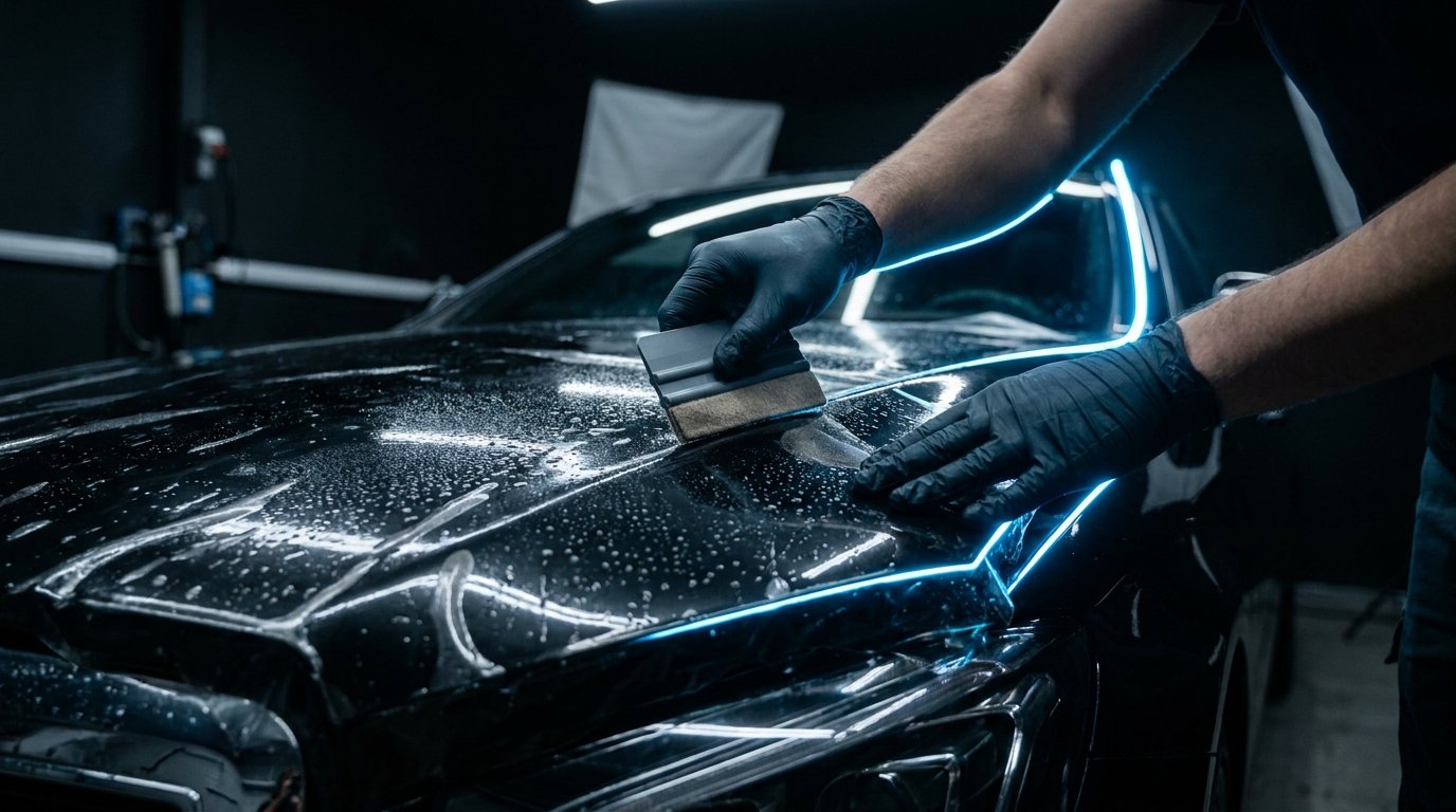 Técnico de luvas aplicando película de proteção de pintura com espátula sobre capô preto, em estúdio escuro com luz azul técnica