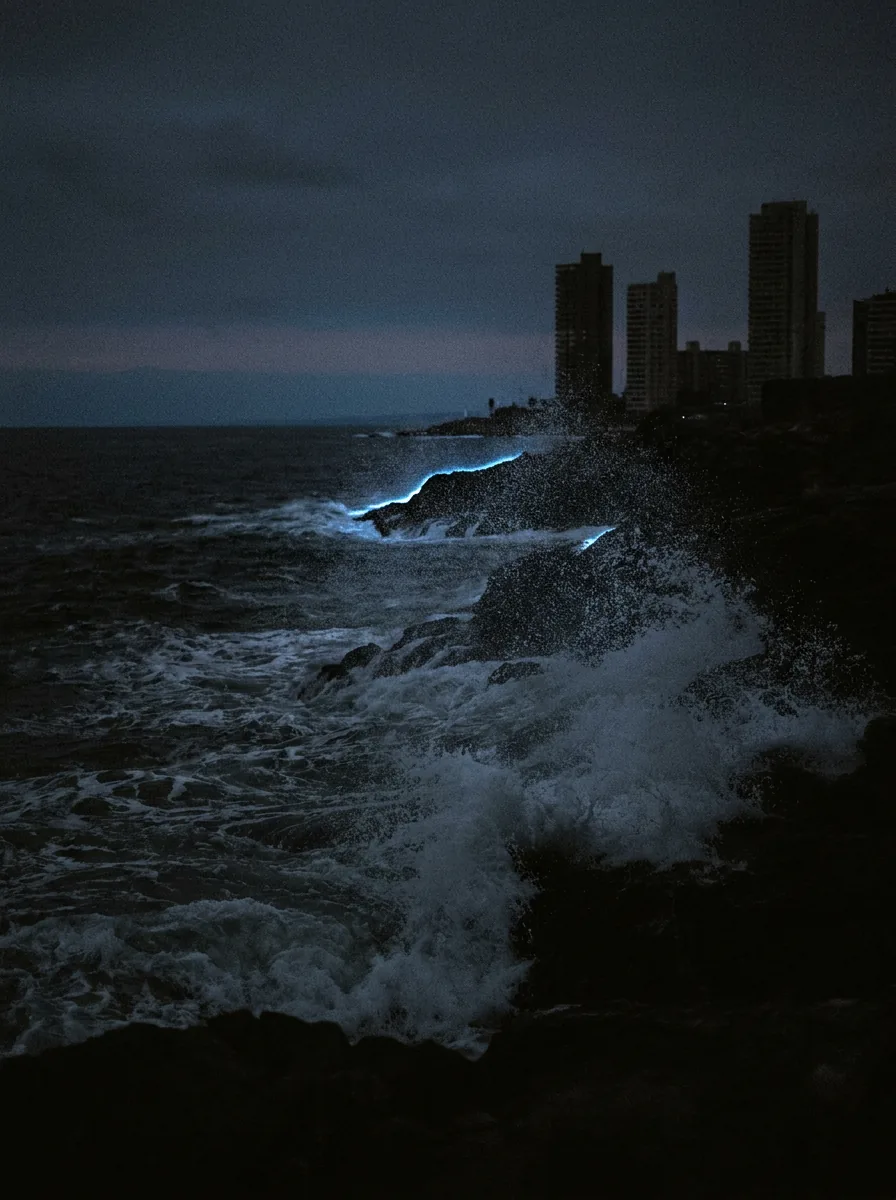 Litoral ao anoitecer com ondas quebrando nas pedras e maresia no ar, torres residenciais na silhueta ao fundo