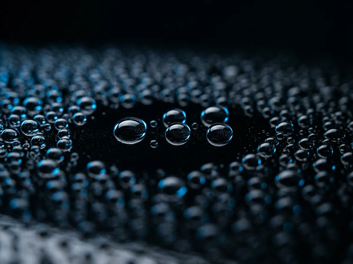 Macro de gotas d'água perfeitamente esféricas sobre pintura preta protegida por filme invisível, com reflexo de luz azul fria