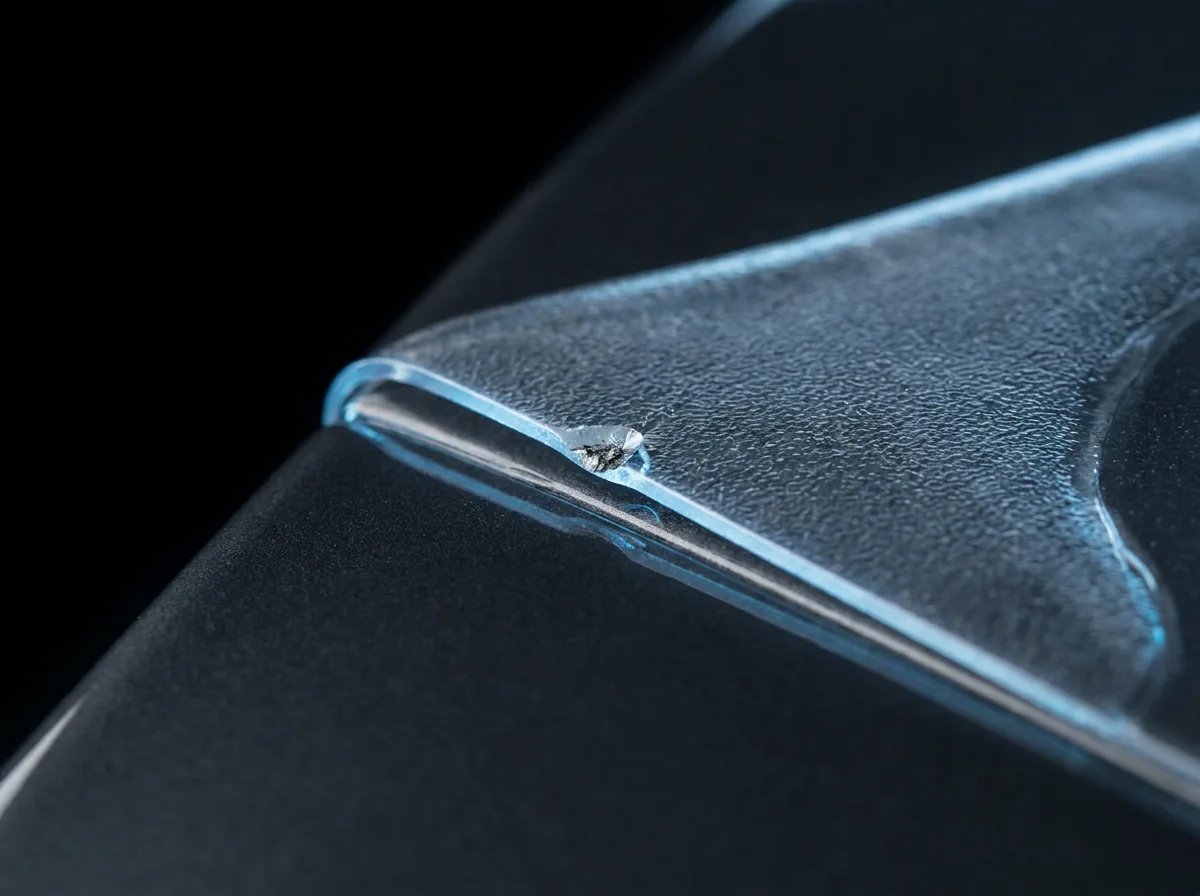 Macro da borda de uma película de proteção transparente sobre pintura escura, com pedra retida no filme sem atingir o verniz